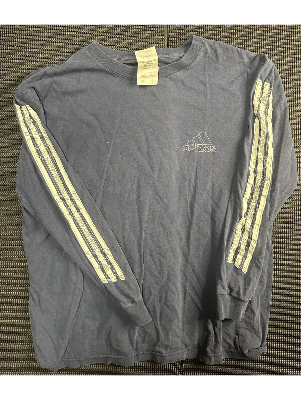 Y2K Adidas Long Sleeve Tee Blue Graphic Sleeve Logo Athletic Mens Large Sun Fade